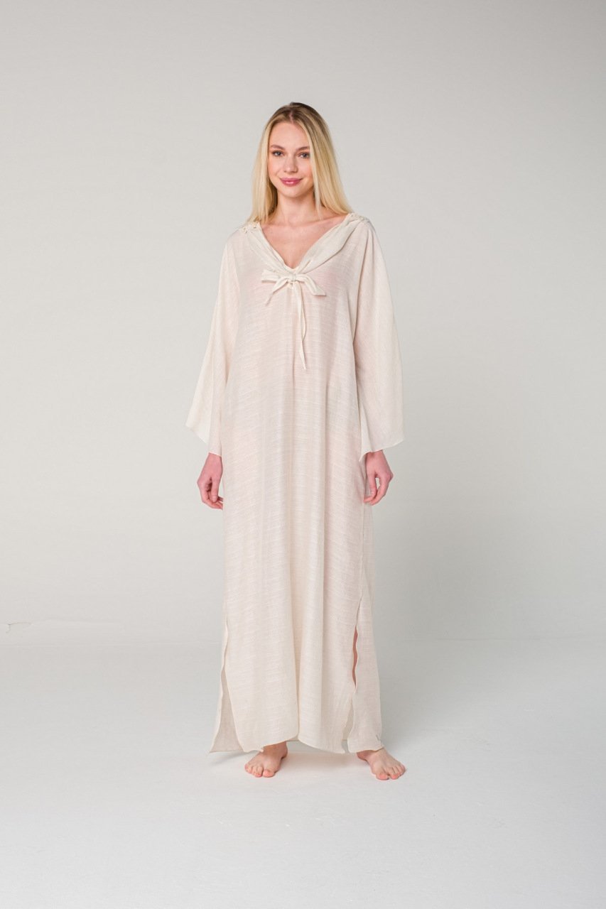 Antep İşi  Ajur Detaylı Kapüşonlu  Keten Elbise