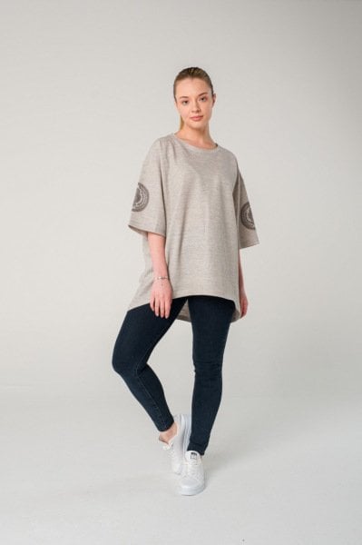 Mars Heykeli Dijital Baskılı Oversize Pamuk Gri Kadın T-shirt