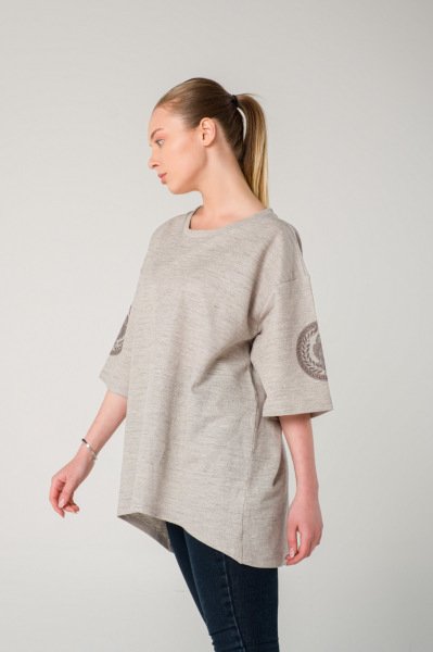 Mars Heykeli Dijital Baskılı Oversize Pamuk Gri Kadın T-shirt