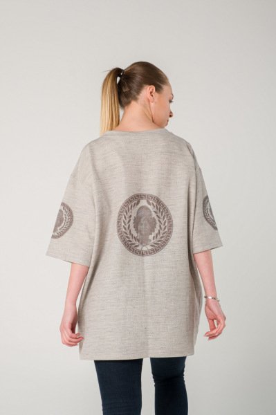 Mars Heykeli Dijital Baskılı Oversize Pamuk Gri Kadın T-shirt