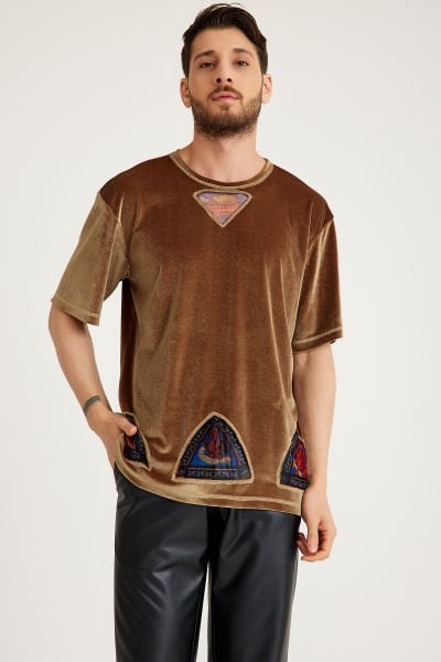 Vitray Detaylı Gold Kadife T-Shirt