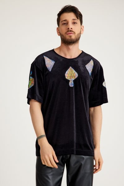Vitray Detaylı Siyah Kadife T-Shirt