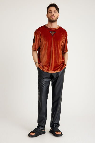 Vitray Detaylı Bakır Kadife T-Shirt