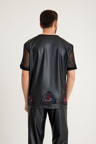 Vitray Detaylı Siyah Deri T-Shirt